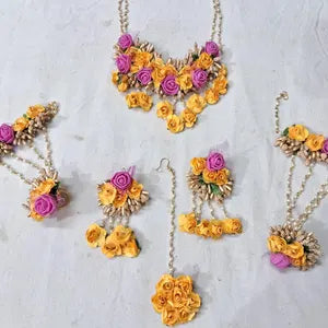 Artificial Floral Yellow and Pink Jewelry Set For Haldi, Wedding Function Perfect Gift For Her Flower Jewelry