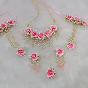 Exclusive Handmade Artificial Floral White and Pink Jewelry Set For Haldi, Mehendi, Wedding Function Perfect Gift For Her Flower Jewelry