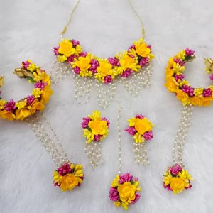 Artificial Floral Pink and Yellow Jewelry Set For Haldi, Wedding Function Perfect Gift For Her Flower Jewelry