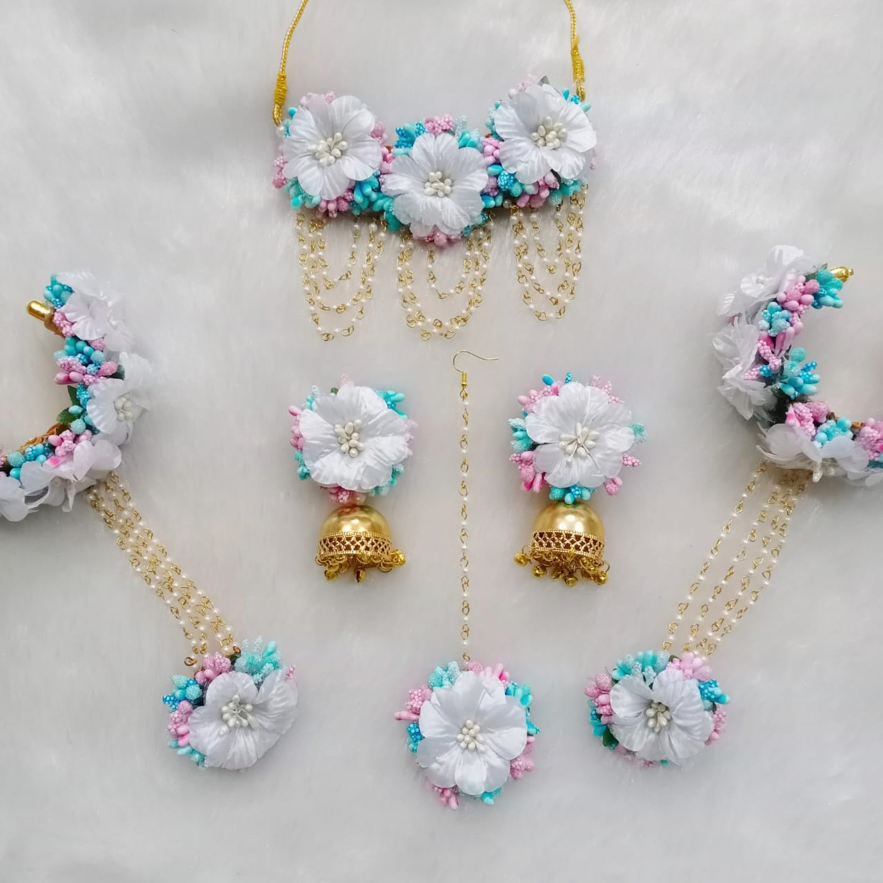 Artificial  Blue, Pink and White Floral Jewelry Set For Haldi, Wedding Jewelry Set, Gift For Her