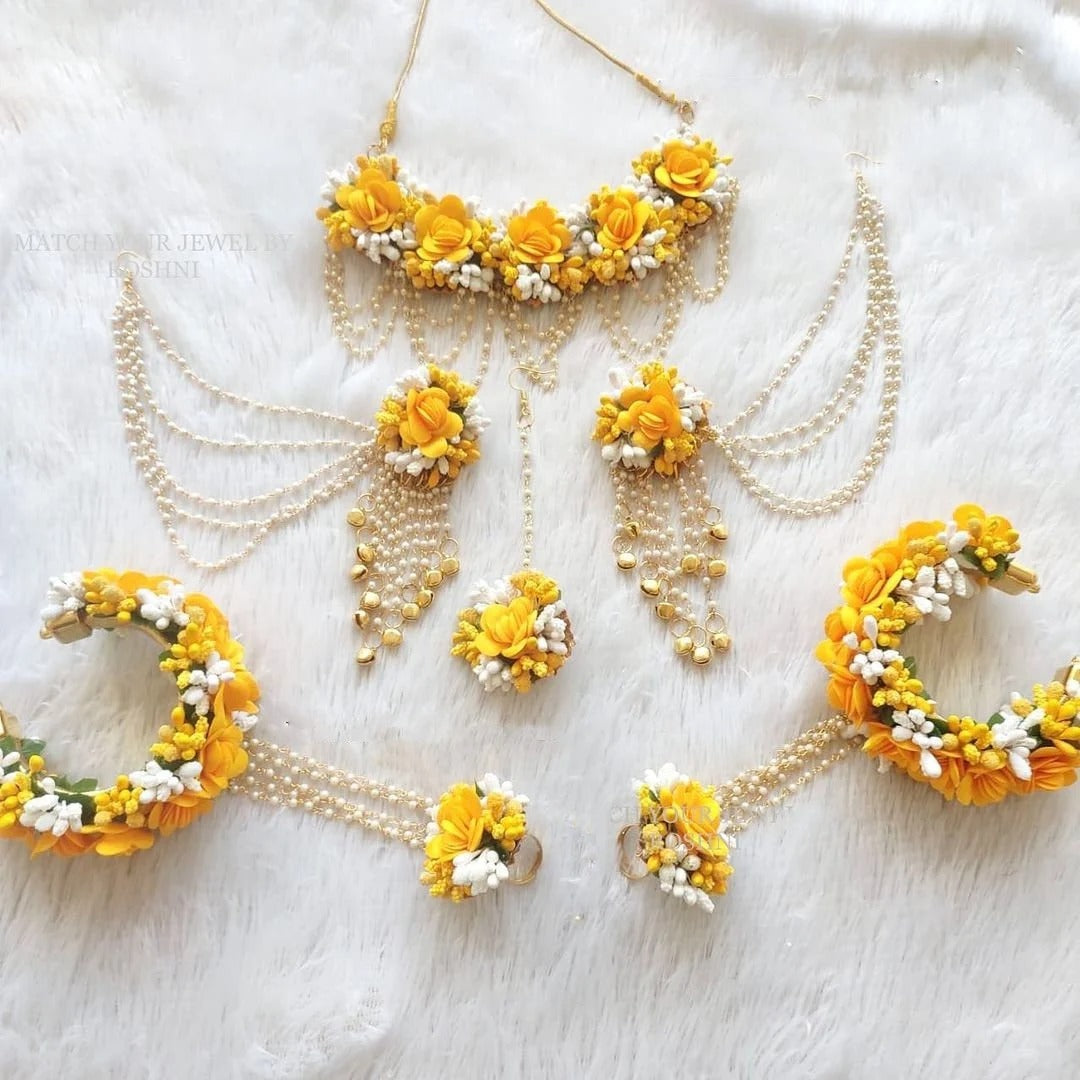 Artificial Yellow And White Floral Jewelry Set For Haldi, Wedding Jewelry Set, Gift For Her