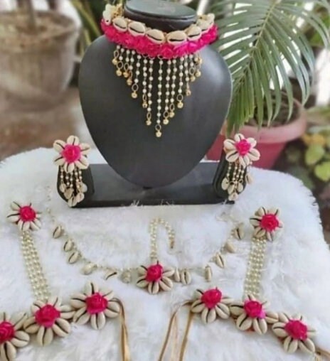 Artificial Pink Floral Cowrie Jewelry Set For Haldi, Wedding Jewelry Set, Gift For Her