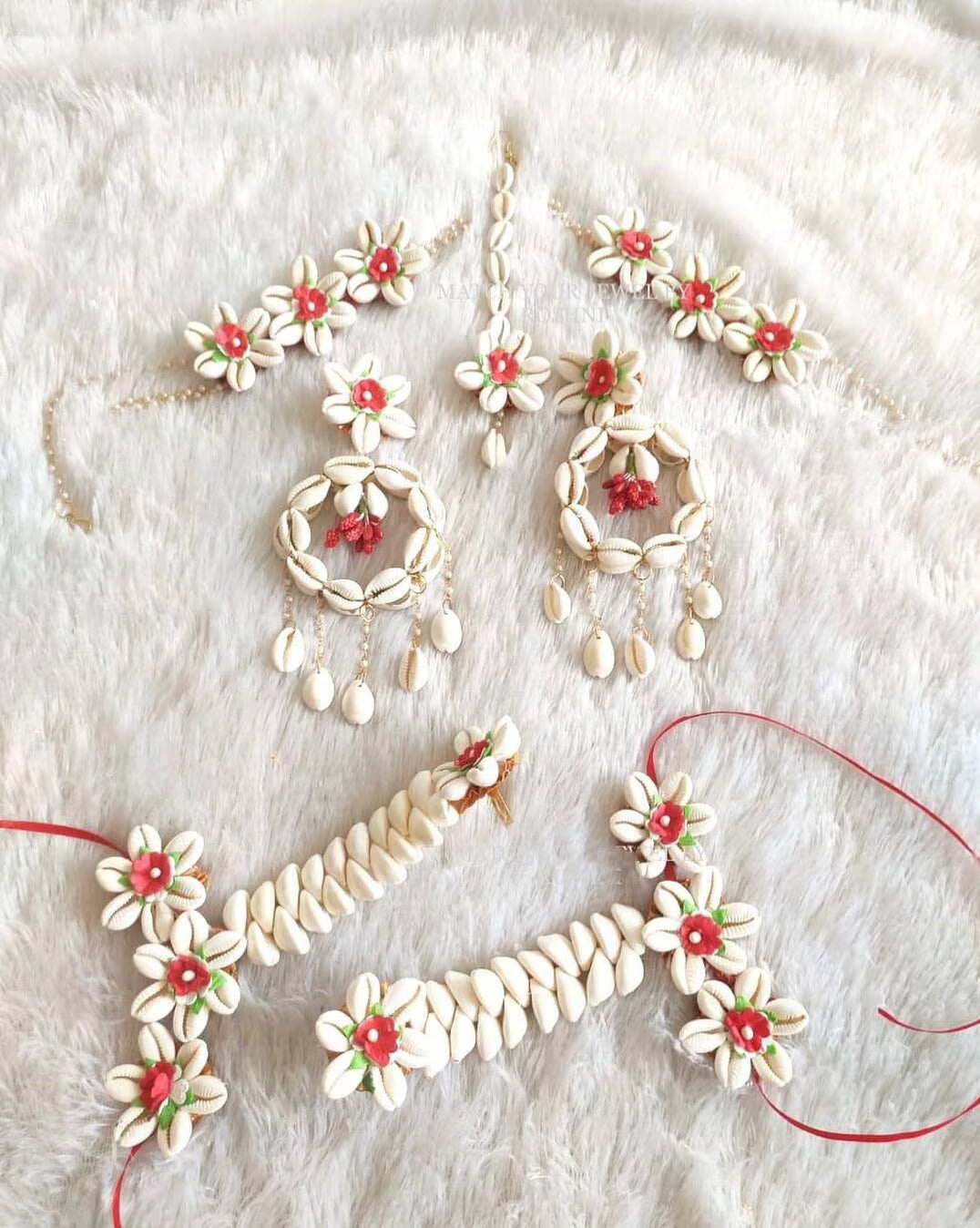 Artificial Red Floral Cowrie Jewelry Set For Haldi, Wedding Jewelry Set, Gift For Her