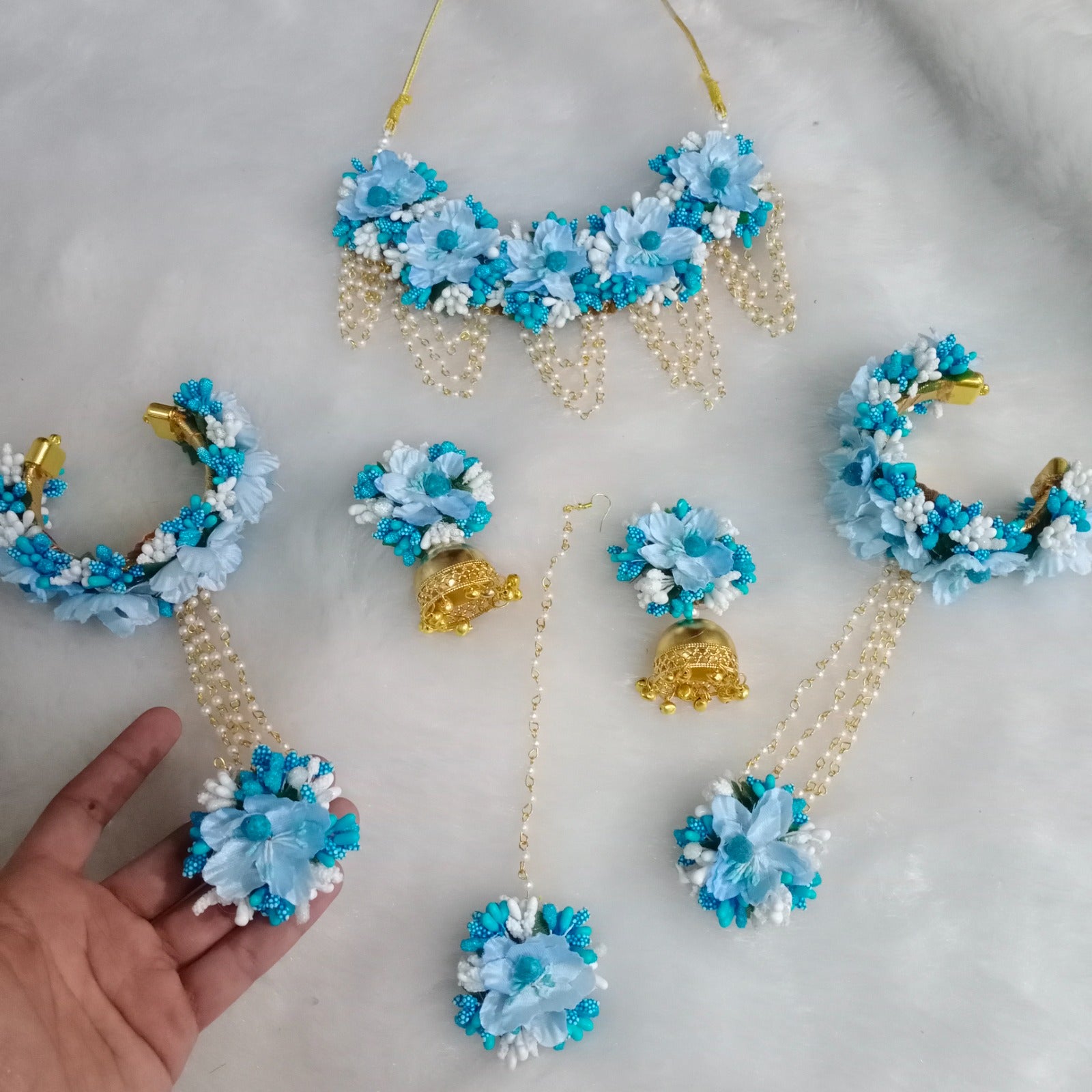 Artificial Blue and White Floral Jewelry Set For Haldi, Wedding Jewelry Set, Gift For Her