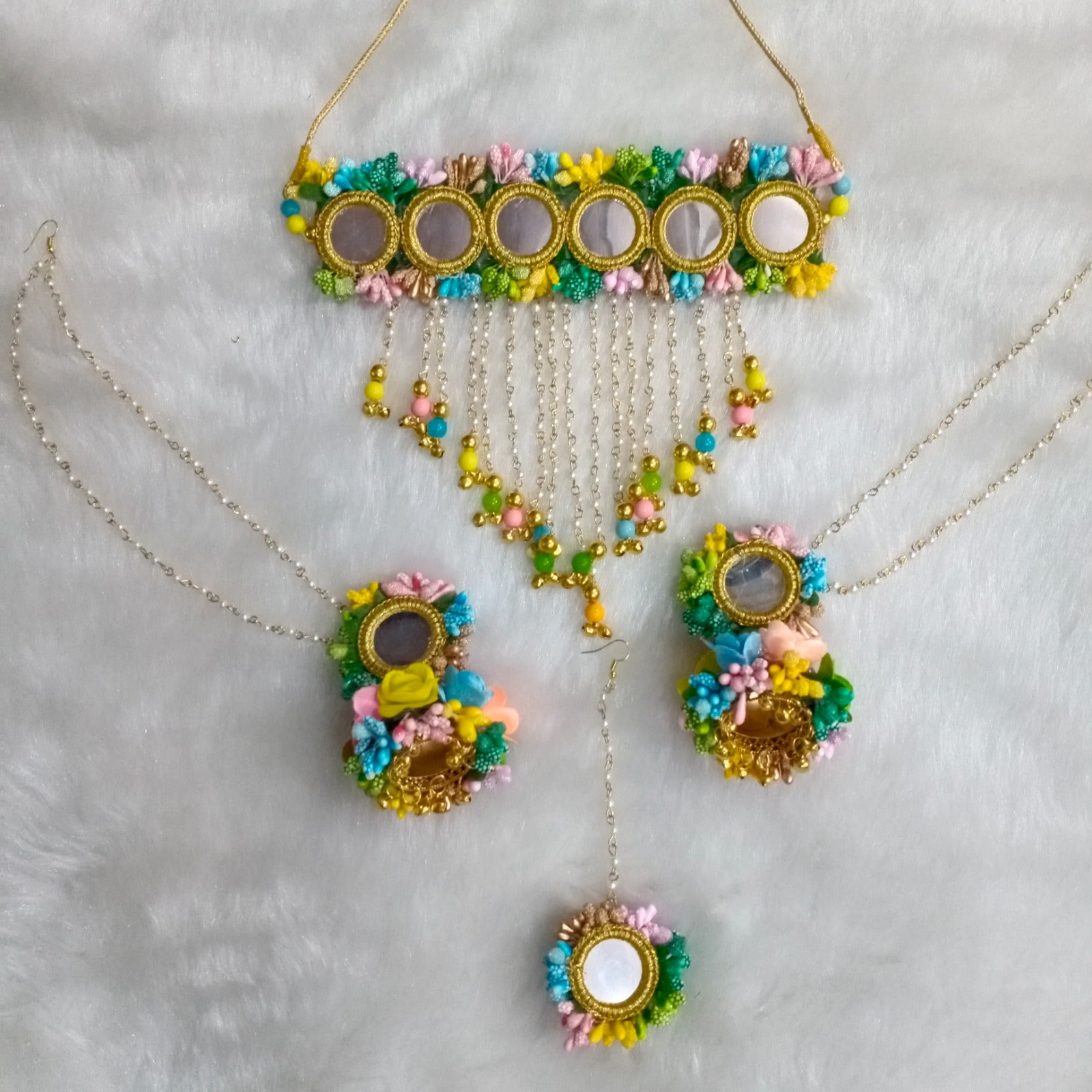 Artificial Multicolour Mirror Work Floral Jewelry Set For Haldi, Wedding Jewelry Set, Gift For Her