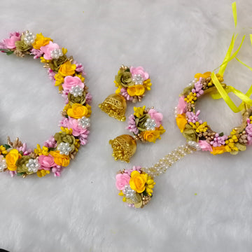 Artificial Pink, Yellow and Golden Floral Jewelry Set For Haldi, Wedding Jewelry Set, Gift For Her