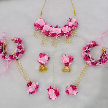 Artificial Pink Floral Jewelry Set For Haldi, Wedding Jewelry Set, Gift For Her