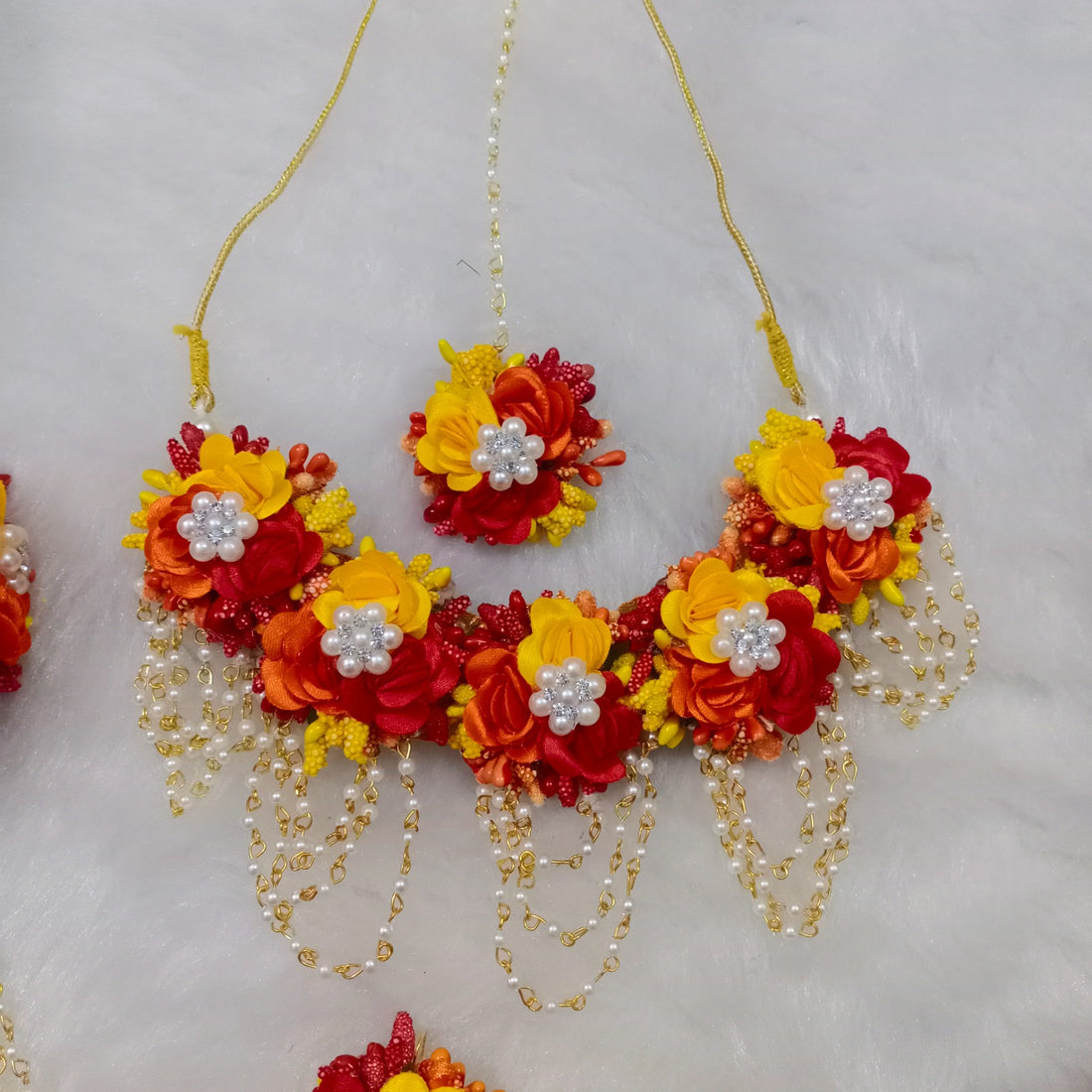 Artificial Red and Yellow Floral Jewelry Set For Haldi, Wedding Jewelry Set, Gift For Her