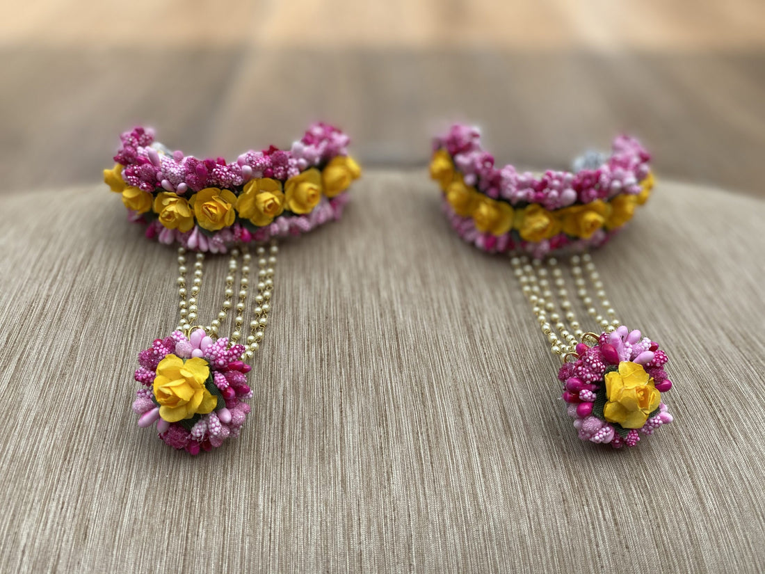 Artificial Pink And Yellow Floral Jewelry Set For Haldi, Wedding Jewelry Set, Gift For Her