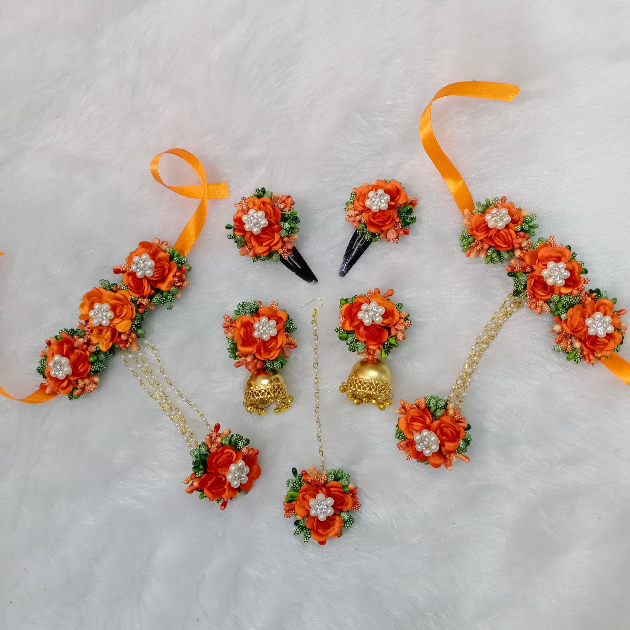 Artificial  Orange and Green Floral Jewelry Set For Haldi, Wedding Jewelry Set, Gift For Her