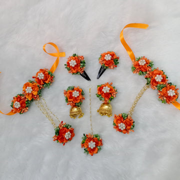 Artificial  Orange and Green Floral Jewelry Set For Haldi, Wedding Jewelry Set, Gift For Her