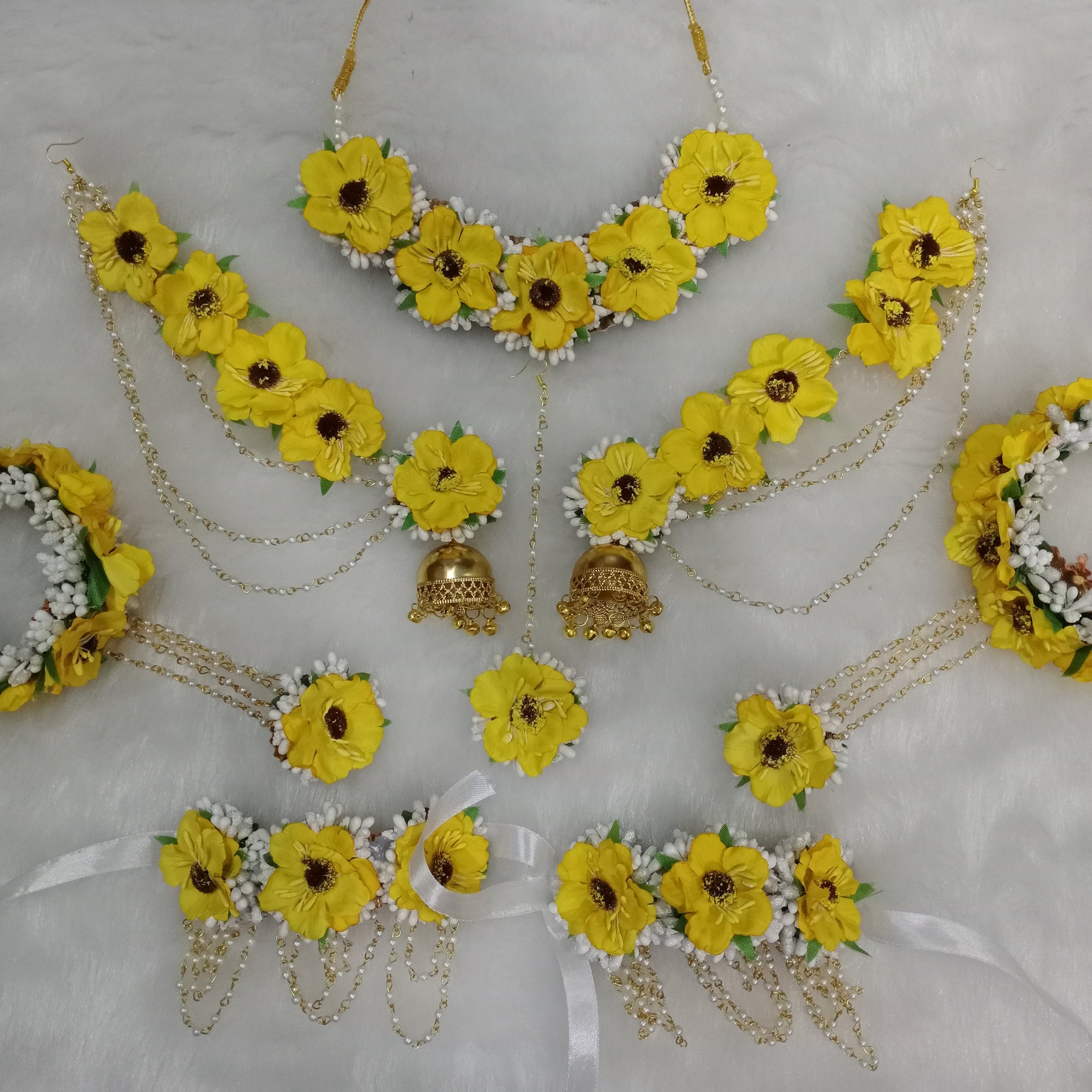 Artificial Yellow and White Floral Jewelry Set For Haldi, Wedding Jewelry Set, Gift For Her