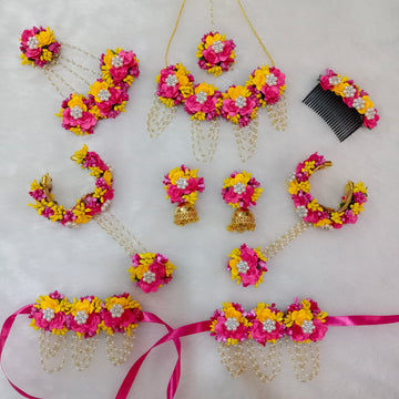 Artificial  Yellow and Pink Floral Jewelry Set For Haldi, Wedding Jewelry Set, Gift For Her