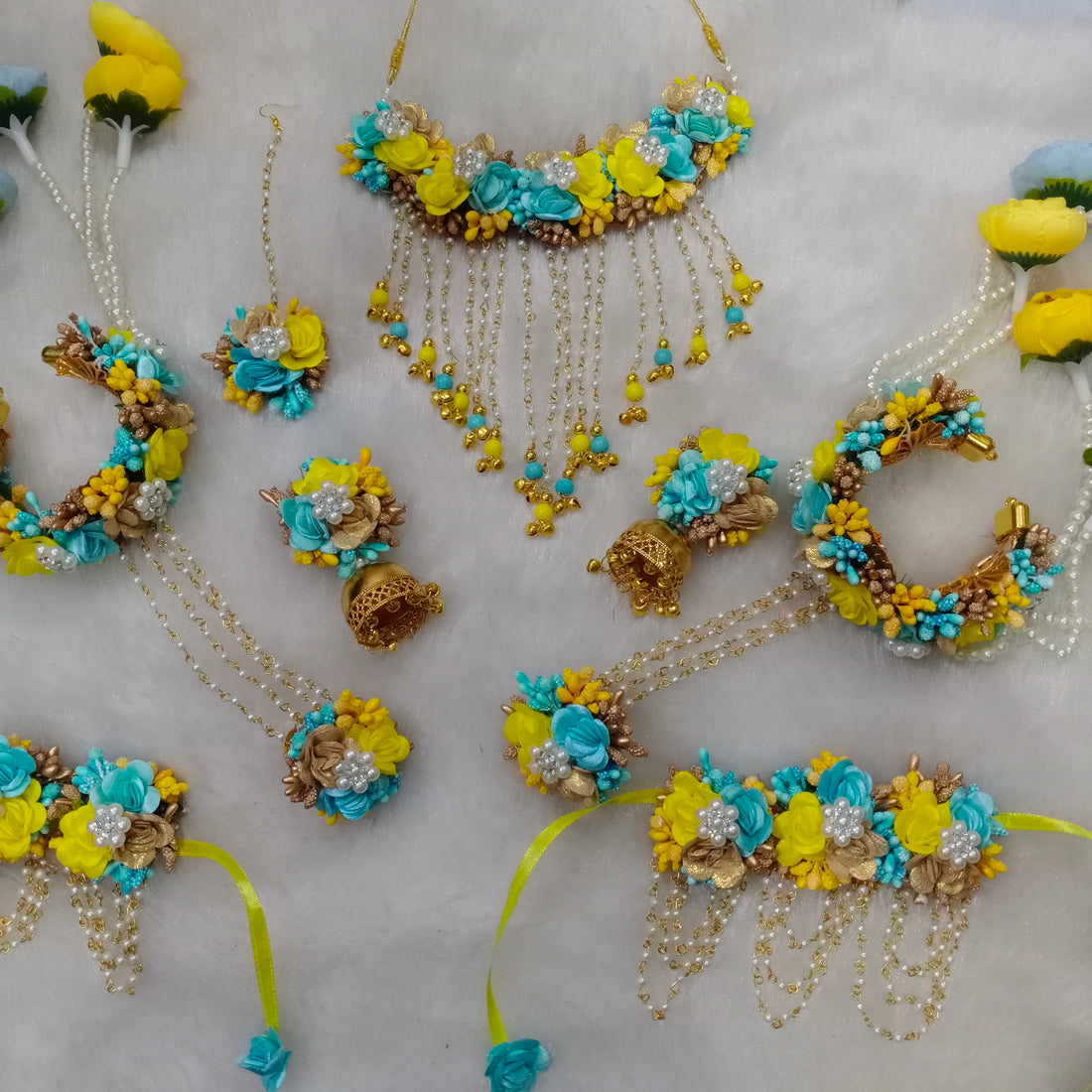 Artificial Blue, Yellow and Golden Floral Jewelry Set For Haldi, Wedding Jewelry Set, Gift For Her