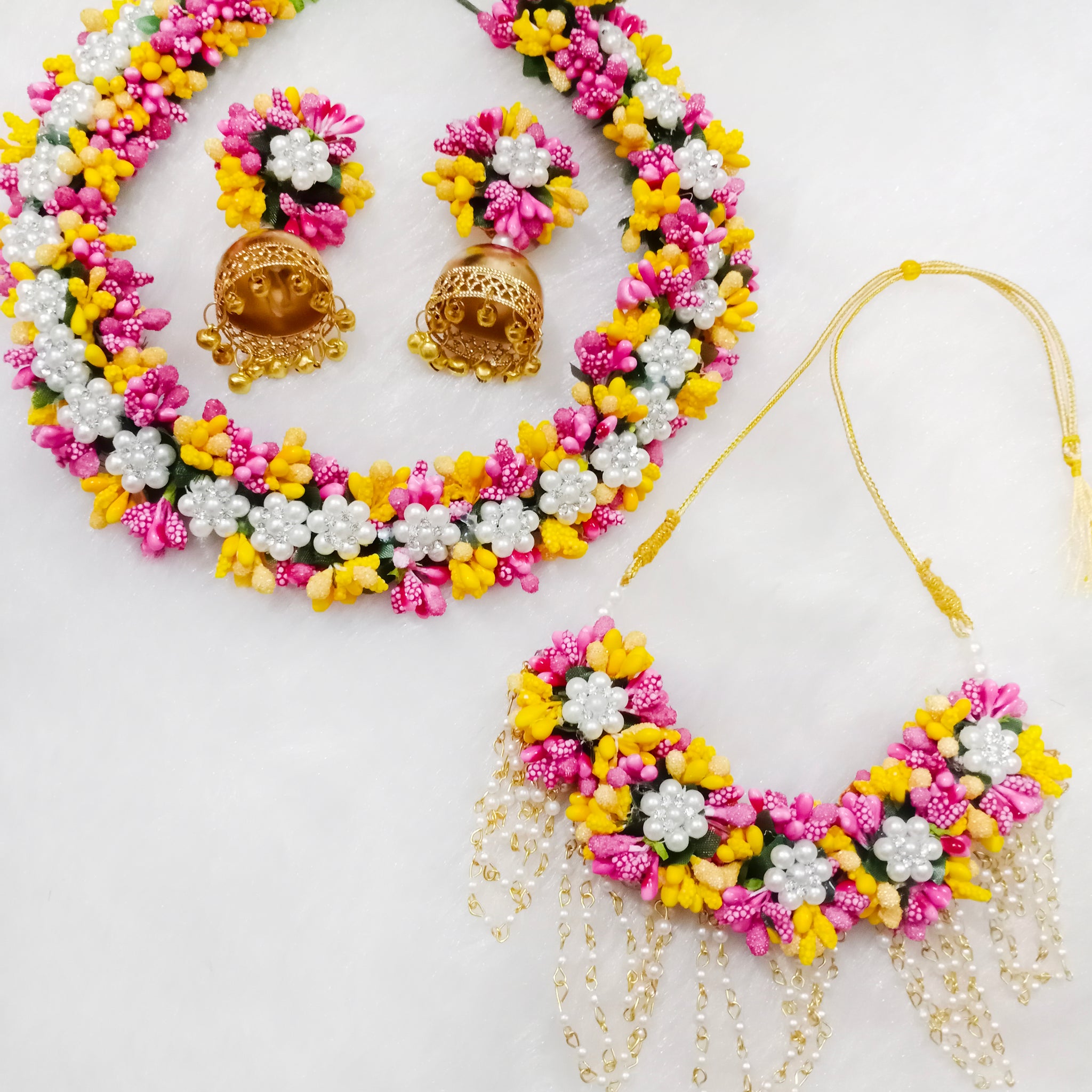 Artificial Yellow and Pink Floral Jewelry Set For Haldi, Wedding Jewelry Set, Gift For Her