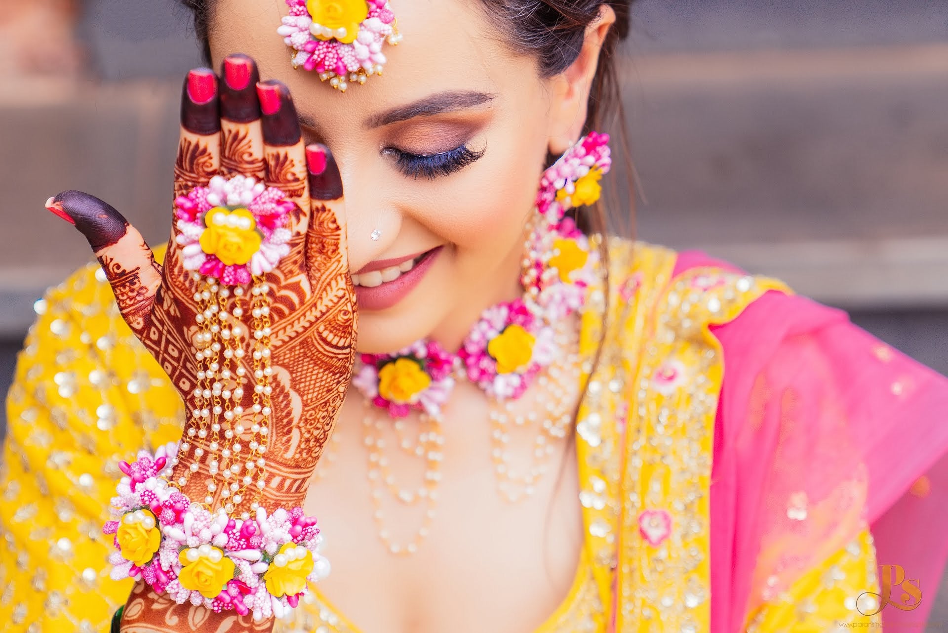 Artificial Pink And Yellow Floral Jewelry Set For Haldi, Wedding Jewelry Set, Gift For Her