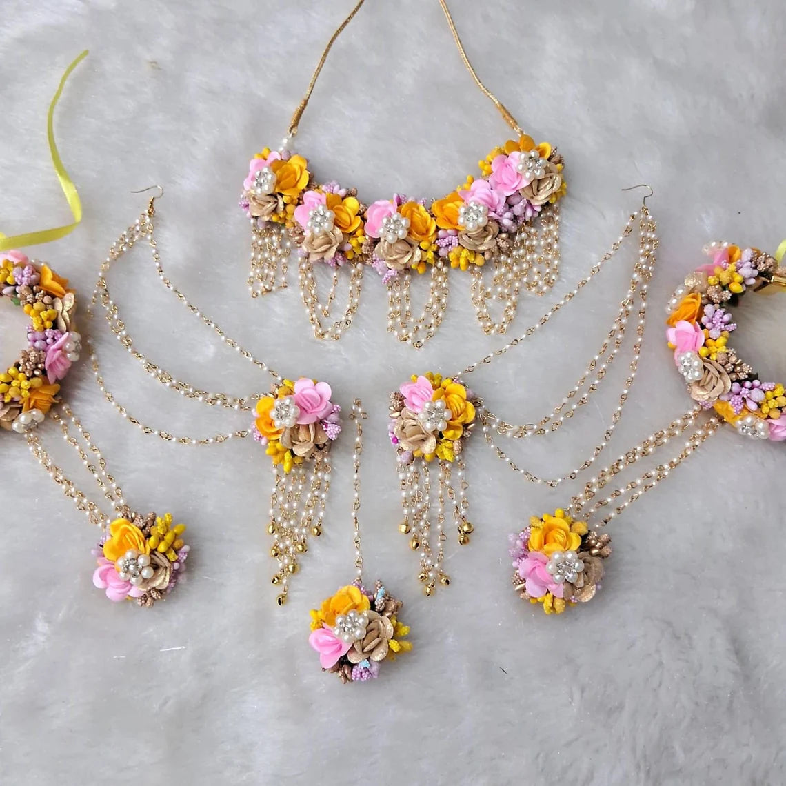 Artificial Yellow, Pink & Golden Floral Jewelry Set For Haldi, Wedding Jewelry Set, Gift For Her
