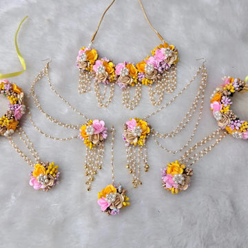 Artificial Yellow, Pink & Golden Floral Jewelry Set For Haldi, Wedding Jewelry Set, Gift For Her