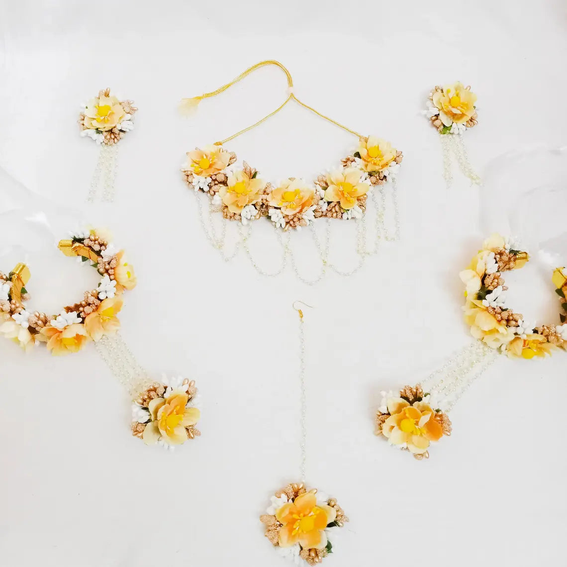 Artificial Yellow, White & Golden Floral Jewelry Set For Haldi, Wedding Jewelry Set, Gift For Her