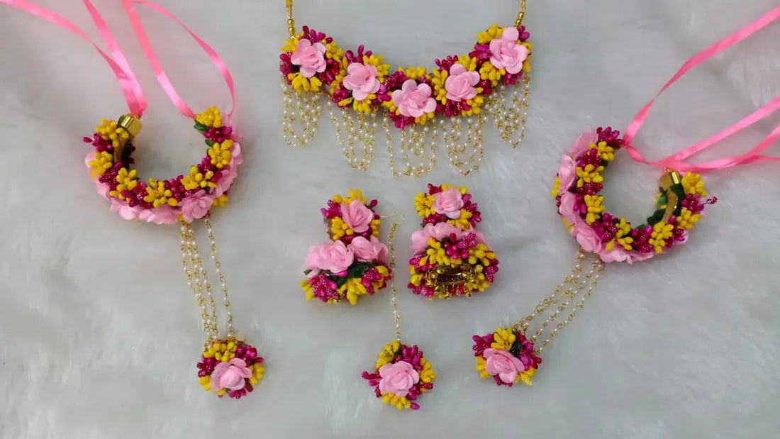 Handmade Artificial Floral Yellow and Pink Jewelry Set For Haldi, Mayoon Wedding Function Perfect Gift For Her Flower Jewelry Set