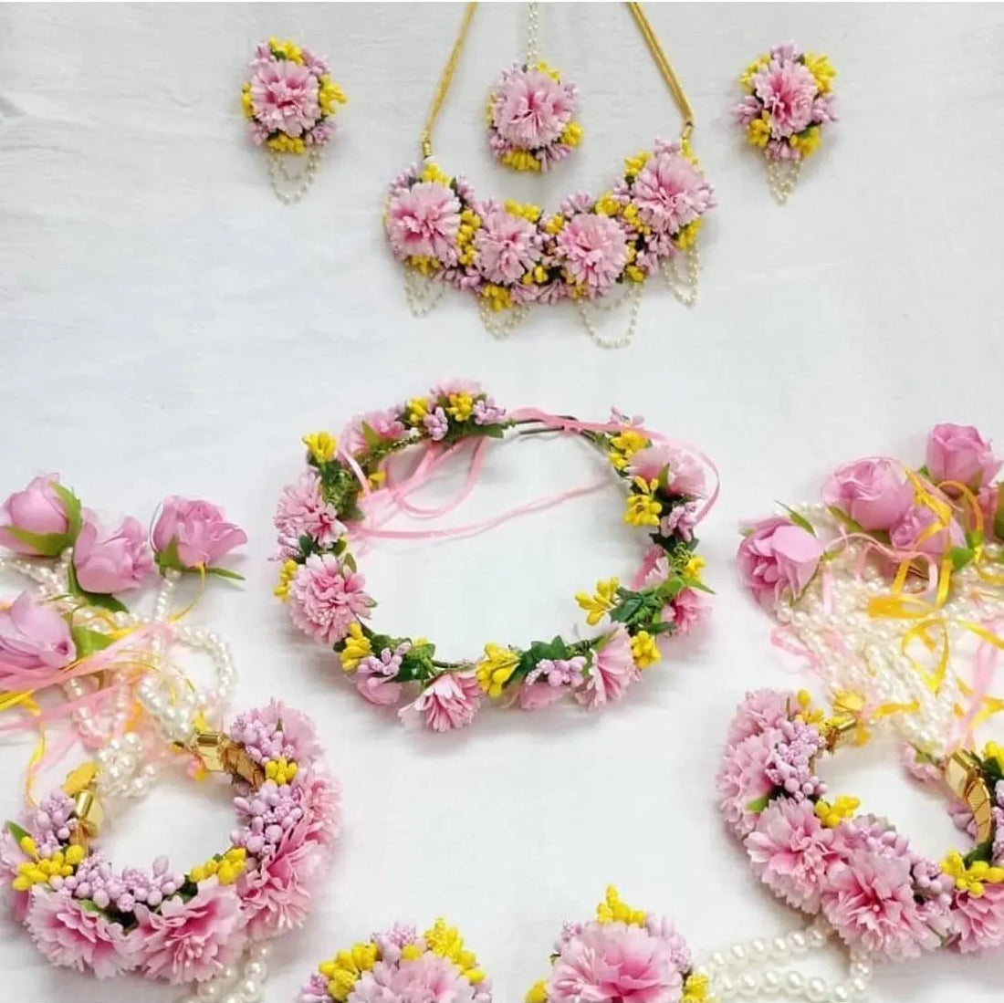 Handmade Artificial Floral Pink, Yellow Color Jewelry Set For Haldi, Mayoon Wedding Function Perfect Gift For Her Flower Jewelry Set