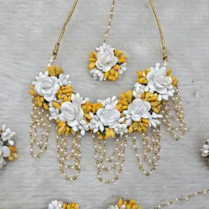 Artificial Yellow and White Floral Jewelry Set For Haldi, Wedding Jewelry Set, Gift For Her