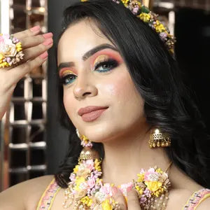 Artificial Yellow, Pink & Golden Floral Jewelry Set For Haldi, Wedding Jewelry Set, Gift For Her
