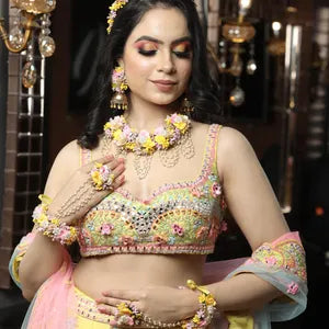 Artificial Yellow, Pink & Golden Floral Jewelry Set For Haldi, Wedding Jewelry Set, Gift For Her
