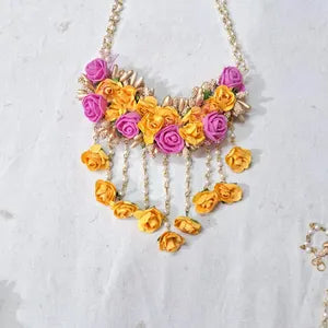 Artificial Floral Yellow and Pink Jewelry Set For Haldi, Wedding Function Perfect Gift For Her Flower Jewelry