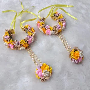 Artificial Yellow, Pink & Golden Floral Jewelry Set For Haldi, Wedding Jewelry Set, Gift For Her