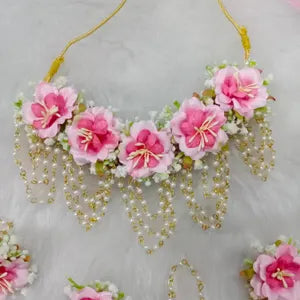 Exclusive Handmade Artificial Floral White and Pink Jewelry Set For Haldi, Mehendi, Wedding Function Perfect Gift For Her Flower Jewelry