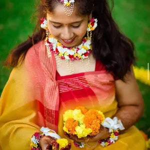Handmade Artificial Floral Yellow, White and Pink Jewelry Set For Haldi, Mayoon Wedding Function Perfect Gift For Her Flower Jewelry