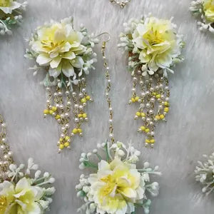 Exclusive Handmade Artificial Yellow And White Floral Jewelry Set For Haldi, Mehndi, Wedding Function Perfect Gift For Her Flower Jewelry