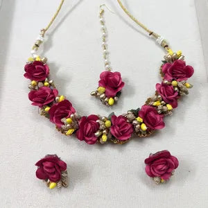 Artificial Floral Pink, Golden and Yellow Jewelry Set For Haldi, Wedding Function Perfect Gift For Her Wedding