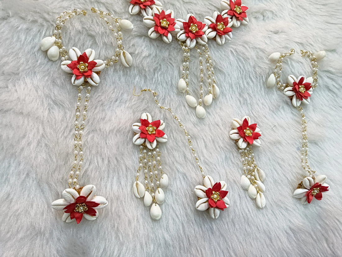 Artificial Red Floral Cowrie Jewelry Set For Haldi, Wedding Jewelry Set, Gift For Her