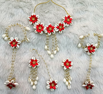 Artificial Red Floral Cowrie Jewelry Set For Haldi, Wedding Jewelry Set, Gift For Her