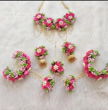 Artificial Pink and Green Floral Jewelry Set For Haldi, Wedding Jewelry Set, Gift For Her