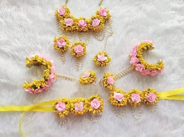 Artificial Pink and Yellow Floral Jewelry Set For Haldi, Wedding Jewelry Set, Gift For Her