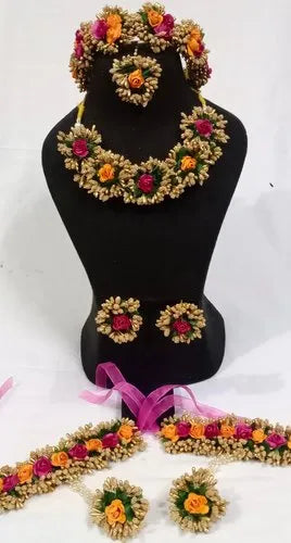 Artificial Orange, Pink And Golden Floral Jewelry Set For Haldi, Wedding Jewelry Set, Gift For Her