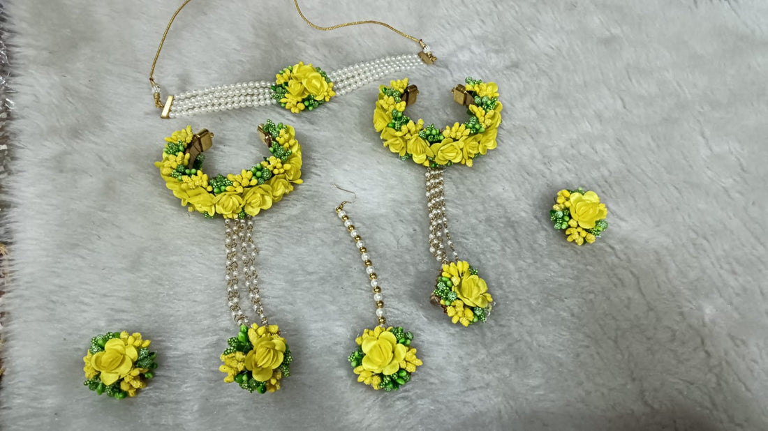 Artificial Yellow and Green Floral Jewelry Set For Haldi, Wedding Jewelry Set, Gift For Her