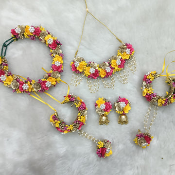 Artificial Yellow, Pink and Golden Floral Jewelry Set For Haldi, Wedding Jewelry Set, Gift For Her