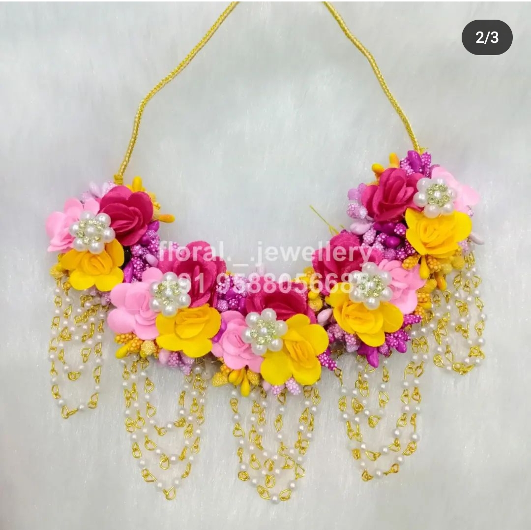 Artificial Yellow and Pink Floral Jewelry Set For Haldi, Wedding Jewelry Set, Gift For Her